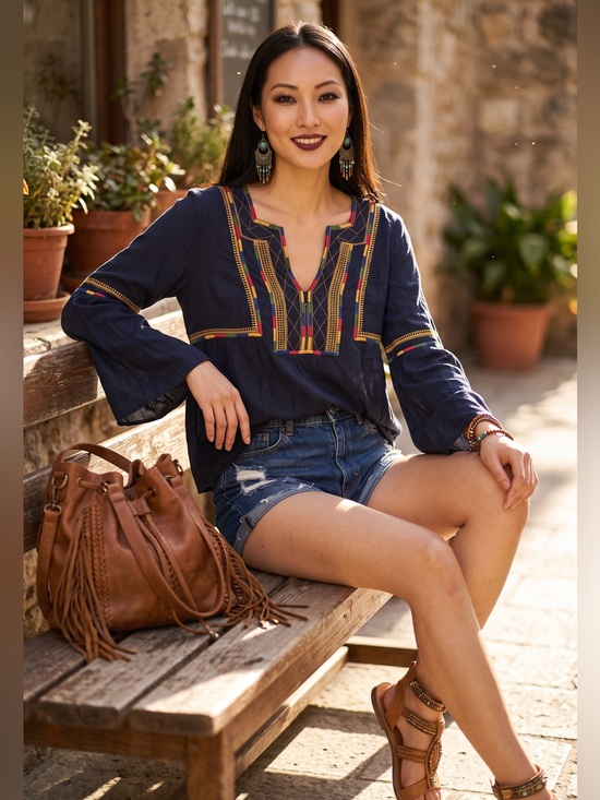 Sugarlips Tops - Sugarlips Navy Embroidered Peasant Blouse